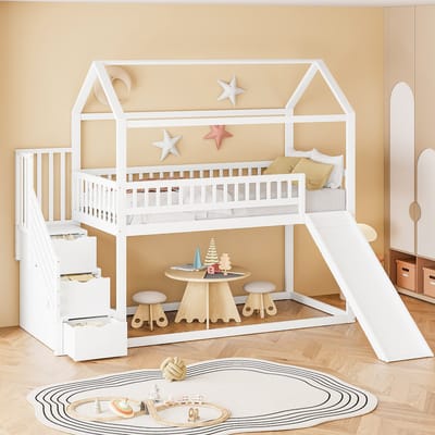 Wishdor – Kinderhoogslaper 90x200 cm – Met Glijbaan & Opbergladder – Hoge Uitvalbeveiliging – Speels & Veilig – Hout – Wit