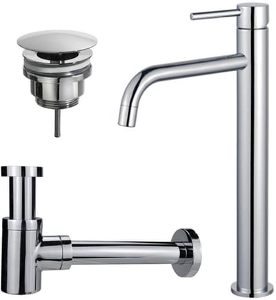 FugaFlow Eccelente Sobrado Badkamer Slim Wastafelkraanset - verhoogde wastafelkraan - always open plug - verlaagde design sifon - Chroom
