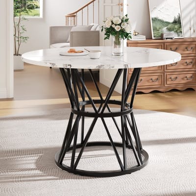 DESMIU Ronde Eettafel - Stabiele Tafel Met Marmerlook En Metalen Onderstel - Voor Eetkamer En Woonkamer - MDF - Zwart - 100 X 100 X 76 Cm