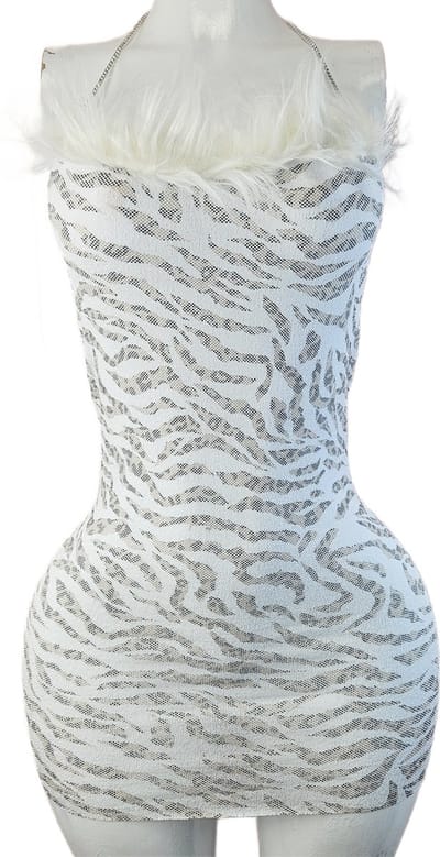 BamBella® - Jurk - Onesize - Strass ketting Erotische sexy nacht jurkje bruin doorzichtig kant - Super Stretch imitaite bont