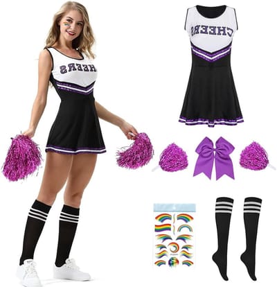 Vrouwelijk Cheerleader Kostuum, Maat S, Inclusief Pompoms en Sokken, Perfect voor Carnaval en Halloween Feesten