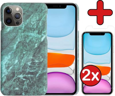 Hoesje Geschikt voor iPhone 11 Pro Hoesje Marmer Hardcover Fashion Case Hoes Met 2x Screenprotector - Hoes Geschikt voor iPhone 11 Pro Marmer Hoesje Hardcase Back Cover - Groen
