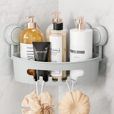 Hoekige Doucheplanken met Zuignappen - Badkameropslag voor Shampoo en Conditioner - Drilvrije Plastic Hoekplank voor Kleine Badkamers en Keukens, Grijs