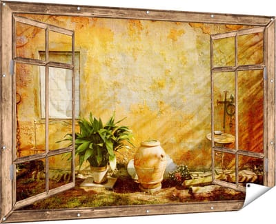 Gards Tuinposter Doorkijk Oude Stenen Muur - 180x120 cm - Tuindoek - Tuindecoratie - Wanddecoratie buiten - Tuinschilderij