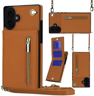 Multimedia & Accessoires Stijlvolle Leren Fashion Backcover Case Hoesje met Koord, Stand Ritsvak en Pasjeshouders geschikt voor Apple iPhone 17 - Bruin