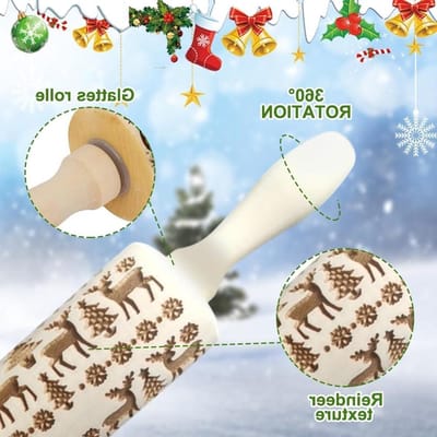Kerstdeegroller met 3D-reliëf kerstrendierpatroon - Natuurlijk houten bakgereedschap voor koekjes, fondant en gebak .