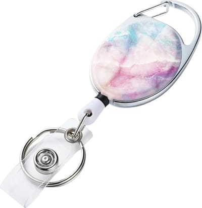 Travel Cords - Badgehouder pink-blue marble - RVS - stevig afrolbaar koord - met bevestigingsclip - passen en ID