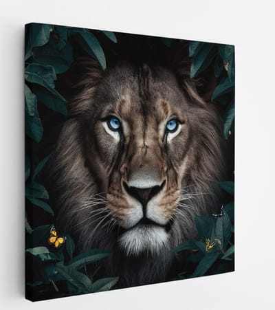 Saammp Canvas Schilderij - Leeuw tussen de bladeren en vlinders - Dieren - Natuur - 20x20 - Foto op canvas - Wanddecoratie - Muurdecoratie Woonkamer - Slaapkamer decoratie - Canvas Print