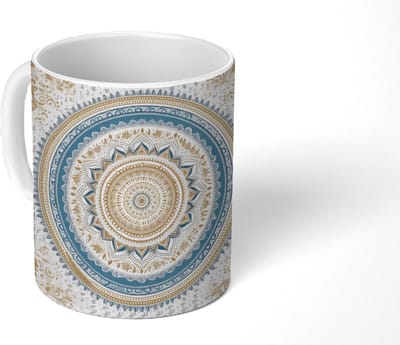 Mok - Koffiemok - Mandala - Blauw - Bohemian - Wit - Design - Mokken - 350 ML - Beker - Koffiemokken - Theemok