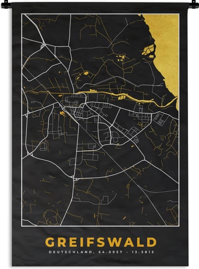 Wandkleed - Wanddoek - Black and Gold – Stadskaart – Greifswald – Duitsland – Plattegrond – Kaart - 120x180 cm - Wandtapijt