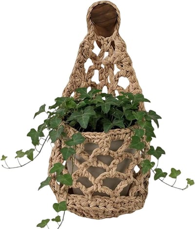 Macrame Plantenhangers - 32*16cm - Boho Katoen Hangpot - Hangende Bloempot met Kralen - Macramé Touw/Koord Hangplant Houder - Bohemian Wandhanger Decoratie - Plant Hanger - Verticale Tuin Bloempothouder Planthanger - Voor Binnen/Buiten - Bruin