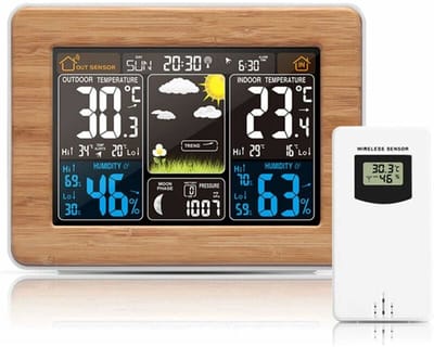 carmdering - Thermometer - Binnen- en Buiten Thermometer - Weerstation - Bamboe, kleurenscherm, draadloos, temp & vochtigheid, weersvoorspelling, 3 niveaus verlichting - Voor thuis & tuin - Stijlvol & praktisch