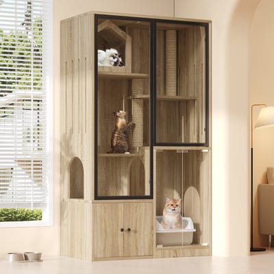 STILVORA Kattenkast - Glazen Panoramadeur Met Vier Niveaus - Kattenhuis Voor Woonkamer Of Balkon - MDF En Glas - Naturel - 90x50x160 Cm