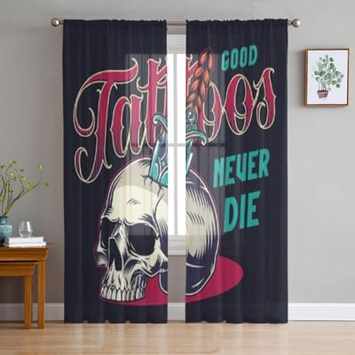 Tattoo Salon Vintage Kleurrijke Schedel Chiffon Transparante Gordijnen voor Woonkamer Slaapkamer Decoratie Raam Voiles Tule Gordijn 135W x 114H(cm) gray