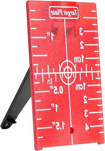 Rode laserdoelplaat met magneten en reflectoren voor verbeterde zichtbaarheid bij lasermetingen en precisiewerk
