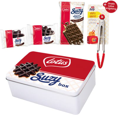 Lotus Chocolade Suzy snackbox - De ultieme collection box met Lotus knijptang - Lotus Suzy Mini, Jumbo en Luikse Wafel - 363g