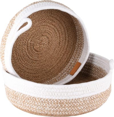 Dekoratief | Set 2 manden rond, naturel/wit, katoen, 25x25x10cm | A238181