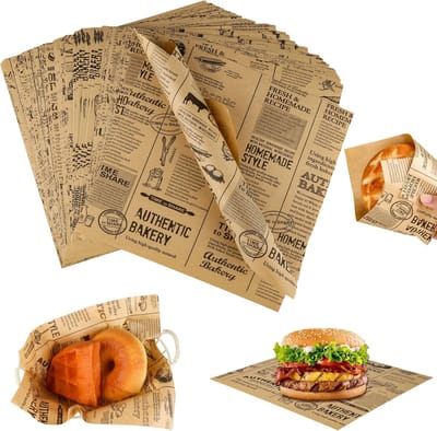 Famanu – Krantenlook burgerpapier 120 vellen 22x22 cm, milieuvriendelijk vetafstotend bakpapier voor snacks
