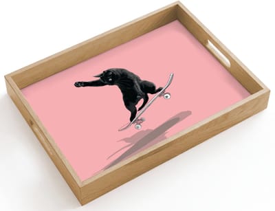 Dienblad hout 40x30 cm - Schootdienblad - Kat - Skateboard - Roze - Borrelplank rechthoek - Plateau dienbladen