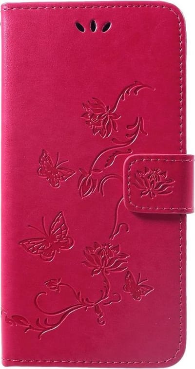 Shop4 - Huawei P Smart Plus Hoesje - Wallet Case Bloemen Vlinder Donker Roze