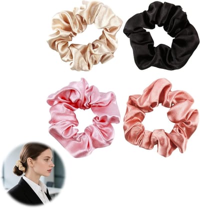 Set van 4 100% Mulberry Zijde Scrunchies voor Vrouwen, Zachte Elastische Haaraccessoires voor Minder Frizz en Haarbreuk, Ideaal voor Alle Haartypes (Zwart + Champagne + Beige + Roze)