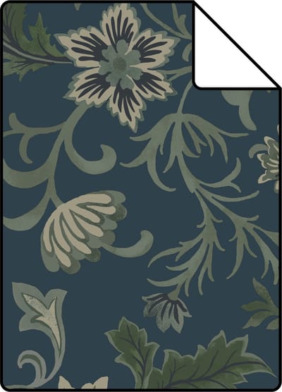 Proefstaal ESTAhome behang vintage bloemen donkerblauw en groen - 26.5 x 21 cm - 139416-S