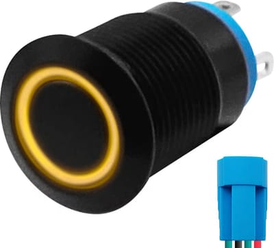 ProRide Metalen Pulsschakelaar 220V OFF-(ON) - 12mm - Momentschakelaar met Aansluitkabel - Spatwaterdicht - LED Indicatie Geel