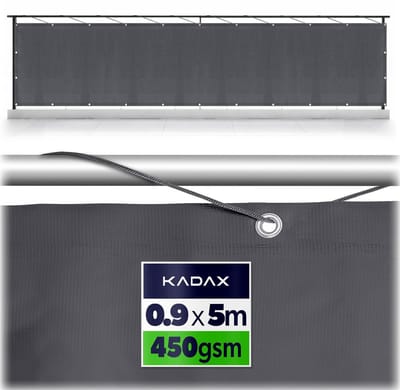 KADAX balkon privacyscherm 5 m x 90 cm, balkonbekleding van kunststof, balkonbekleding met oogjes, koord, balkon privacyscherm, windscherm voor balkonreling (zwart)
