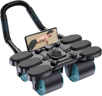 Buikoefenroller Vierwieler - Buikspierroller Fitnesswiel - Krachttraining Buikspieren - Automatische Rebound Functie - 32 cm Lengte - Zwart