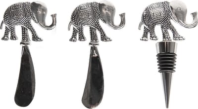 Clayre & Eef Flessenstop Kaasmesjes 17*16 cm Zilverkleurig Roestvrij staal Olifant Kaasmessen set Wijnstop Wijnafsluiter