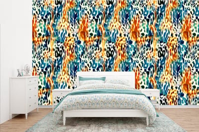 Behang - Fotobehang Oranje - Blauw - Dierenprint - Patronen - Breedte 385 cm x hoogte 240 cm