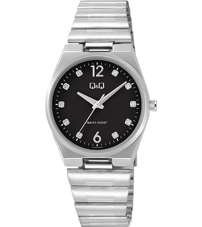 Q&Q Q84B-006PY - Horloge - Polshorloge - Analoog - Dames - Vrouwen - stalen band - Metaal - Overig - Cijfers - Stippen - Briljanten - Zilverkleurig - Zwart