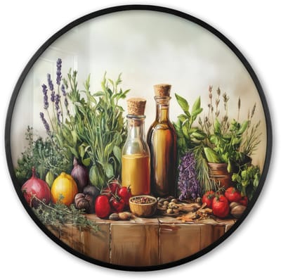 Poster in lijst Rond - Fotolijst 60x60 cm - Posters - Stilleven - Kruiden - Specerijen - Fruit - Kleurrijk - Ronde posterlijst zwart - Decoratie - Wanddecoratie woonkamer - Muurdecoratie slaapkamer