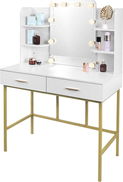 Betaalbare Goederen® Kaptafel - Wit - Goud - 2 Laden - Kaptafel Met Spiegel En Verlichting - Kaptafels - Met Spiegel - Make-up Tafel