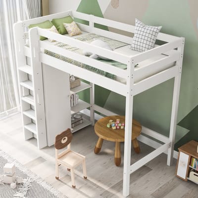 Kinder hoogbed met kledingkast en legplanken - Kinderslaapkamer 90x200 cm - Wit - Inclusief kledingkast met verstelbare planken - Anti-kantelbeveiliging