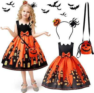 Schattige Halloween jurk voor meisjes met pompoenprint, ideaal voor feestjes en verkleedpartijen