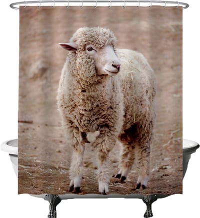 Ulticool Douchegordijn - Schaap Lammetje Dier - 180 x 200 cm - met 12 Ringen wit - semi Transparant - anti Schimmel - Sepia Beige
