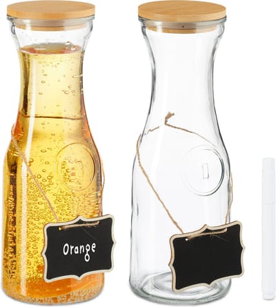 waterkaraf glas - set van 2 - met bamboe deksel - 1 l - krijtbordjes