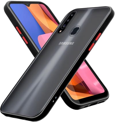 Cadorabo Hoesje geschikt voor Samsung Galaxy A20s in Mat Zwart - Rode Knopen - Hybride beschermhoes met TPU siliconen Case Cover binnenkant en matte plastic achterkant
