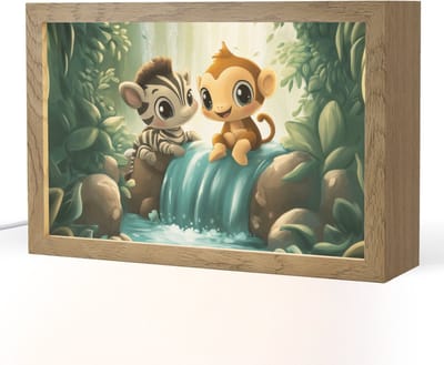 Nachtlampje 30x20 cm - Kinder lampje - Zebra - Aap - Cartoon - Waterval - Tafellamp kinderkamer - Slaapkamer lamp - Bedlamp kinderen - Kinderlampje stopcontact - Wandlamp babykamer - Nachtlampjes