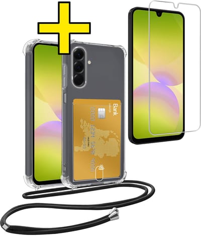 Hoesje Geschikt voor Samsung A26 Telefoonhoesje Met Koord Case Pashouder Met Screenprotector Siliconen - Hoes Geschikt voor Samsung Galaxy A26 Hoesje Met Kaarthouder - Transparant