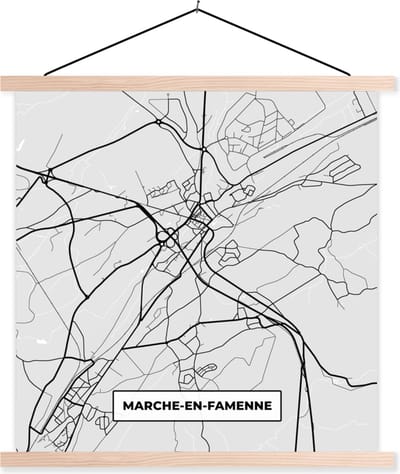 Posterhanger incl. Poster 40x40 cm - Schoolplaat - België – Marche en Famenne – Stadskaart – Kaart – Zwart Wit – Plattegrond - Textielposter - Blanke latten - Stadskaart