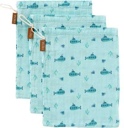 Fresk Hydrofiele Washandjes – 21 x 15 cm - Babyverzorging - 3 stuks - Ademend en Absorberend - Babyspullen - Babyverzorging - Blauw - Submarine