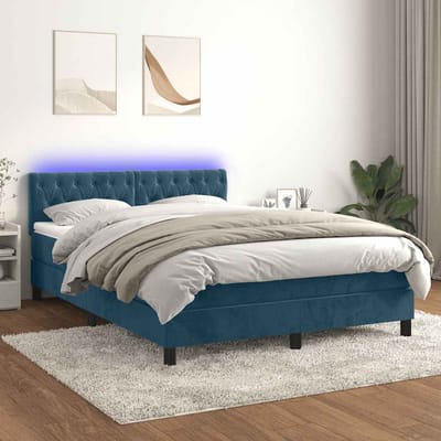 vidaXL - Boxspring - met - matras - en - LED - fluweel - donkerblauw - 140x200 - cm