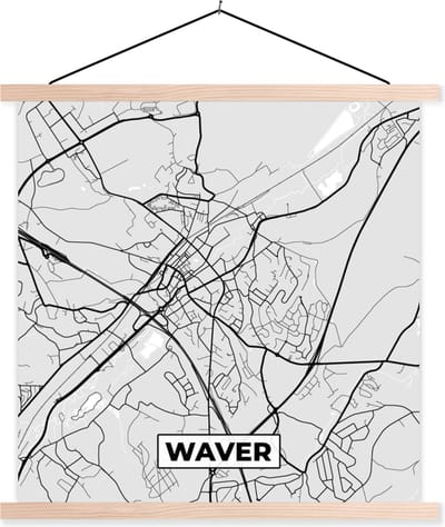 Posterhanger incl. Poster 40x40 cm - Schoolplaat - Kaart – Plattegrond – Stadskaart – Waver – België – Zwart Wit - Textielposter - Blanke latten - Stadskaart