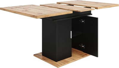 Telescopische eettafel (140×70cm), uitschuifbare eettafel met opbergplank, ruimtebesparende keukentafel, eettafel met drie planken, uitschuifbare eettafel voor keuken en woonkamer, naturel + zwart