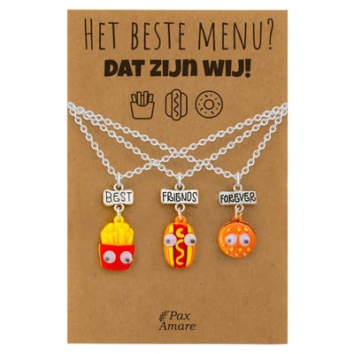 BFF Ketting voor 3 'Het beste menu, dat zijn wij' - Fast Food Friends - Vriendschapsketting op Cadeau Kaartje - 45cm + 5cm verstelbaar - Zilverkleurig - Best Friends Hanger - Pax Amare