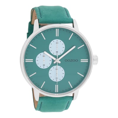 OOZOO Timepieces - Zilverkleurige horloge met groene leren band - C10313