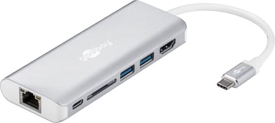 Goobay USB-C naar HDMI 4K 30Hz, 2x USB-A, USB-C PD 100W, RJ45 en SD adapter / aluminium - 0,15 meter