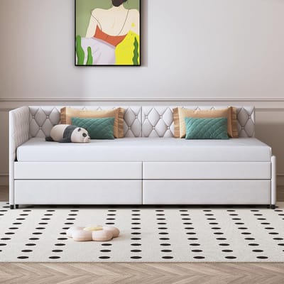 Slaapbank uittrekbaar 90/180 x 200 cm – Uitklapbaar dagbed 2-persoons met stevige lattenbodem – Flanel slaapbank 180 x 200 cm – Klassieke crème uitschuifbare slaapbank met zijvakken – Vermissen